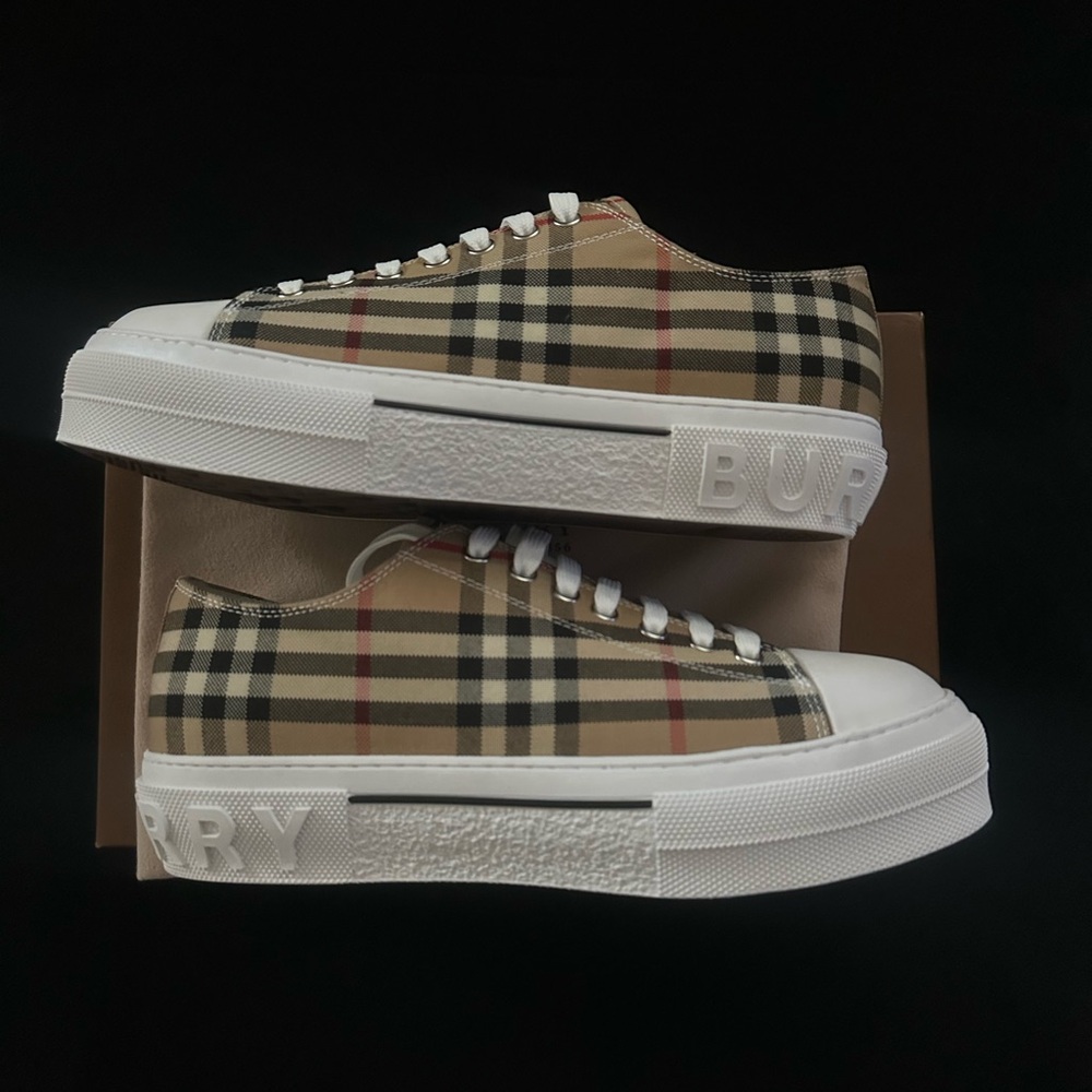 Burberry Beige and Red Check Sneakers